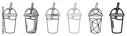 Six black outline icons of a drink cup with a dome lid and straw, showcasing a collection of different illustration styles like sketch, geometric, dotted, and continuous line art