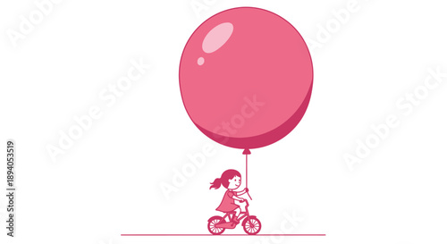 A young girl rides a bicycle while holding a large pink balloon