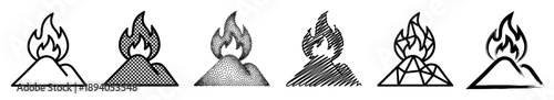 Set of six black volcano icons erupting with fire, showcasing various artistic styles like line art, stippling, sketch, geometric, and brush stroke for graphic design