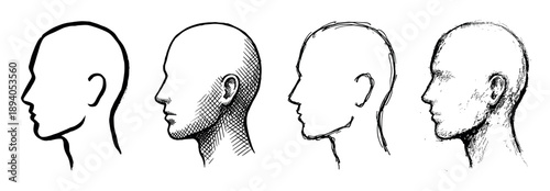 Four hand-drawn sketches of a human head in profile view showing different artistic styles from simple outline to detailed cross-hatching and texture in black and white