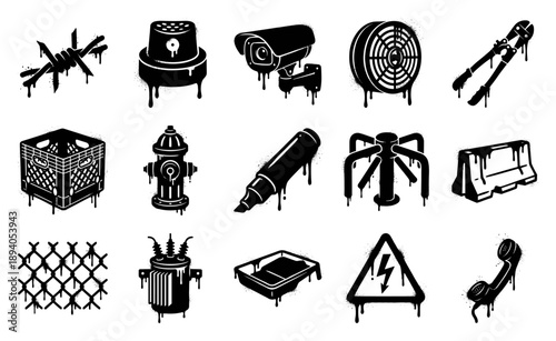 Stencil Graffiti Urban Surveillance and Utility Icon Set for Street Art Apparel Design
