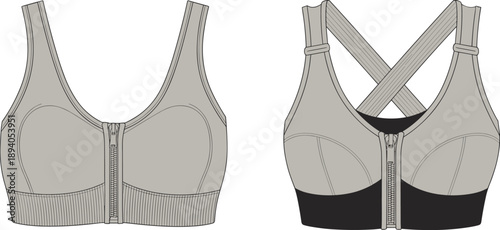 Technical sports bra illustration, front and back view, zip closure, molded cups, crisscross straps, support design, fashion sketch