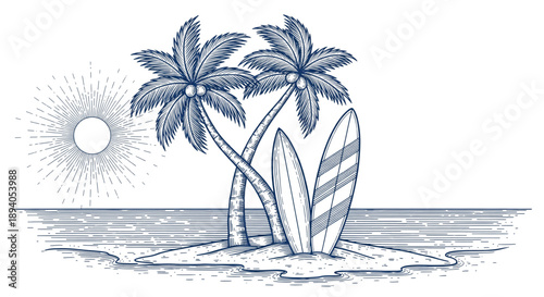 Vintage Surf Island Illustration with Palm Trees Surfboards and Sun for Summer Beach Travel and Holidays
