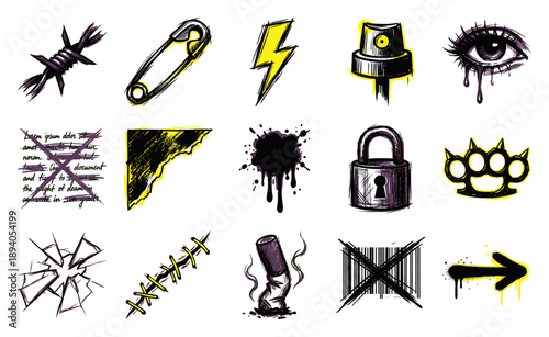 Grungy Punk Rock Street Art Element Kit for Alternative Graphic Design and Underground Subculture Branding