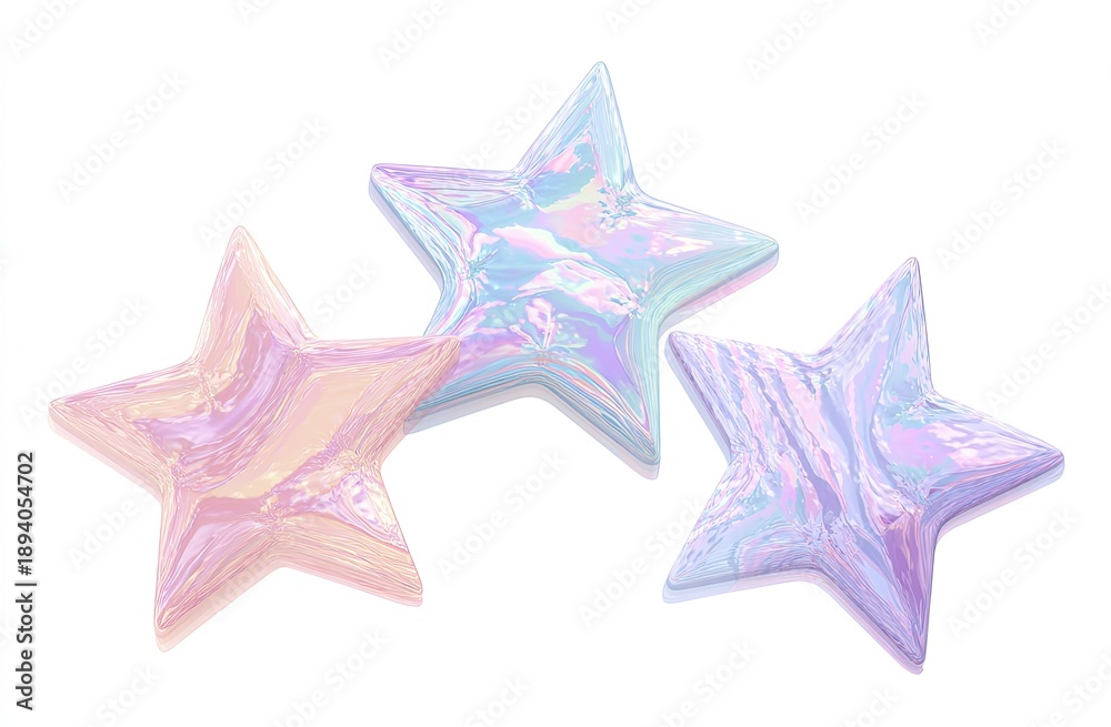 Obraz premium Three iridescent, star-shaped objects on a white background, appearing marble-like