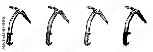 Four black and white ice axe illustrations in a hand-drawn sketch style, showing a collection of mountaineering tools with different textures like hatching and solid ink