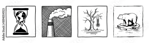 Four hand-drawn climate change concept illustrations showing a melting earth in an hourglass, factory pollution, a bare tree with a thermometer, and a polar bear on an ice floe