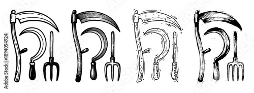 Hand-drawn scythe, sickle, and pitchfork illustrations in four distinct black and white artistic styles, showcasing a collection of rustic agricultural and gardening equipment