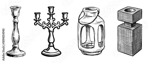 Various hand-drawn vintage candle holders collection in a black and white sketch style, featuring a classic candlestick, ornate candelabrum, lantern, and a modern holder