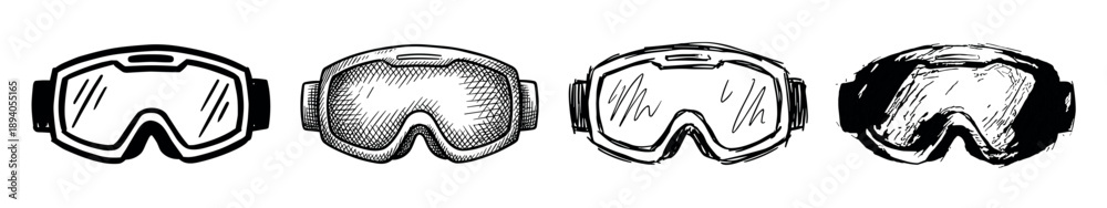Fototapeta premium Four black and white ski goggles drawn in a hand-drawn sketch style, showcasing different artistic techniques from clean lines to rough cross-hatching and ink illustration