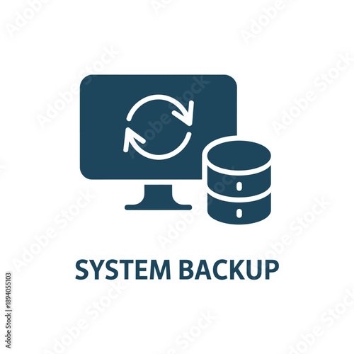A dark blue system backup icon featuring a computer and data cylinder