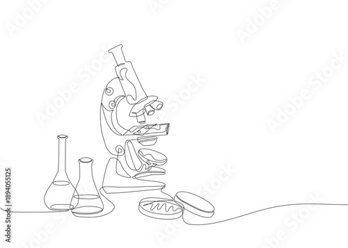Minimal continuous one line illustration of a laboratory microscope with glassware and petri dish, representing science, research, biology, chemistry, and education concepts. Vector Editable stroke