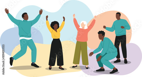 Diverse group of happy young people celebrating success jumping and dancing together with arms raised in a vibrant flat vector illustration for community branding