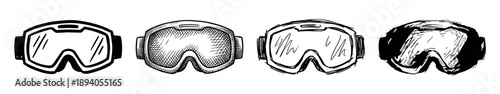 Four black and white ski goggles drawn in a hand-drawn sketch style, showcasing different artistic techniques from clean lines to rough cross-hatching and ink illustration