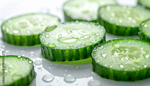 Fresh green cucumber slices with water drops isolated on white background. Organic and tasty vegetable