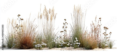 Detailed image of various wild grasses and small white flowers arranged together