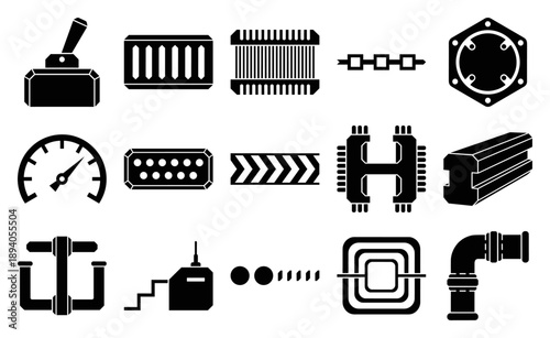 Minimalist Industrial Component Icon Graphic Set for Engineering and Mechanical Hardware Interface Design