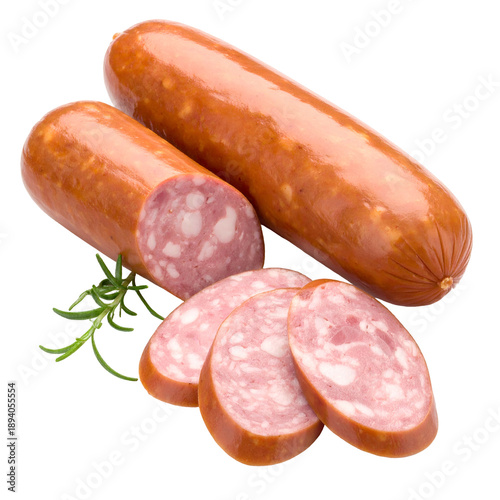 Sliced sausage with a whole piece, sprig of herb, on black background