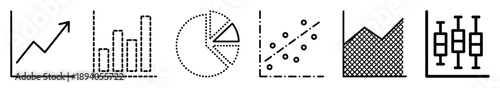 Set of six black line chart icons including line, bar, pie, scatter, area, and box plot graphs for data visualization and statistical analysis in a minimalist style