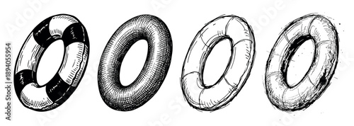 Set of four hand-drawn inflatable swimming rings in a black and white sketch style, showing different textures from clean lines to rough cross-hatching effects