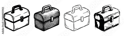 Set of four hand-drawn lunchboxes illustrated in various sketch styles, including clean line art, detailed cross-hatching, and rough grunge textures for a retro concept