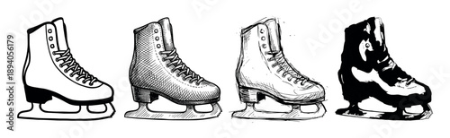 Set of four figure skate illustrations rendered in various black and white graphic styles from simple line art to detailed sketching and bold silhouette for a winter theme