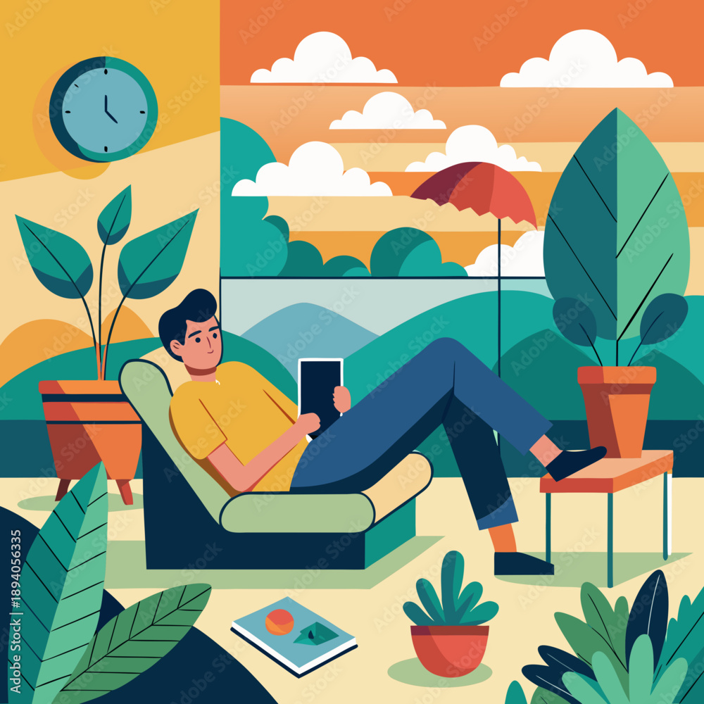 Fototapeta premium Man Relaxing Indoors Reading Tablet With Outdoor View