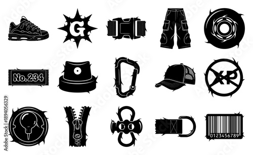 Grungy Streetwear Silhouette Element Kit for Urban Apparel Design and Cyberpunk Aesthetic Branding