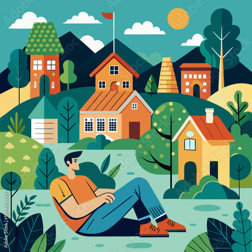Man Resting in a Picturesque Village Landscape