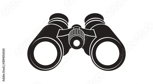 A striking black and white illustration depicts a pair of binoculars highlighting their detailed design as a bold silhouette