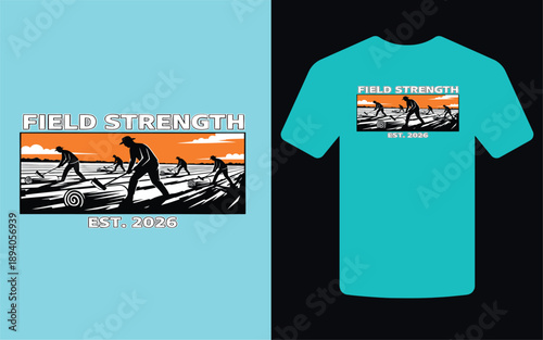 A mockup of a teal t shirt displaying a graphic of farmworkers and text