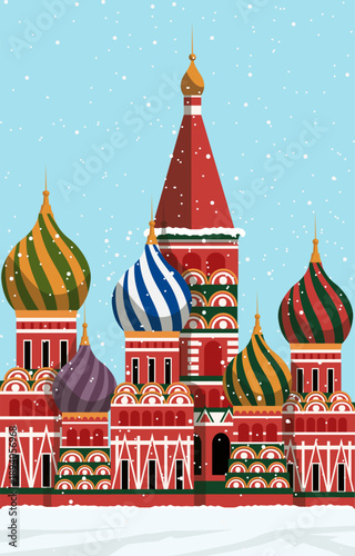 St. Basil's Cathedral, Red square buildings in Moscow. Winter landscape poster design. Popular tourist architectural. Vector stock