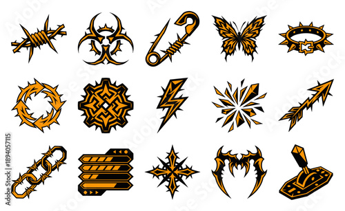 Aggressive Neo-Tribal Cybery2k Graphic Element Asset Sheet for Edgy Streetwear Design