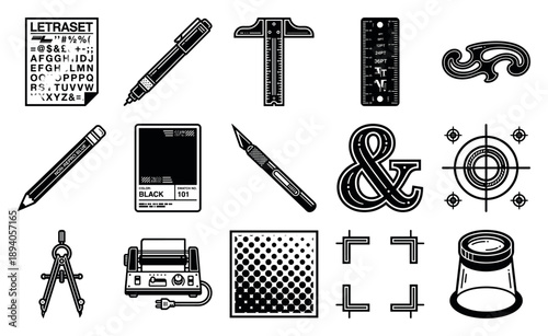 Retro Analog Graphic Design Equipment Element Kit for Vintage Print Shop and Desktop Publishing Theme