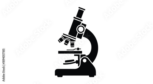 A stark black silhouette depicts a classic laboratory microscope showcasing scientific tools and research equipment silhouette high quality professional detailed