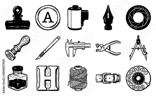 Vintage Hand-Drawn Woodcut Analogue Tools Asset Sheet for Retro Design and Craft Projects