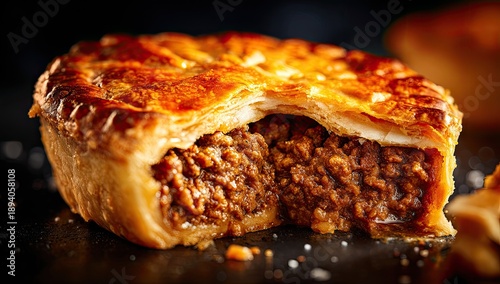 A savory pie, golden-crusted with a rich meat filling revealed in a partial bite