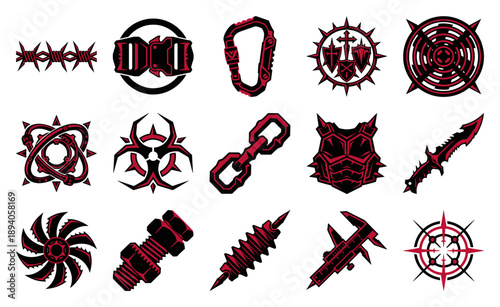 Aggressive Industrial Cyberpunk Heavy Metal Graphic Asset Sheet for Hardcore Gaming and Apparel Design