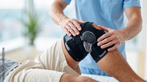 close up video of doctor or osteopath checking knee stability with brace, pressing and moving joint to test support, comfort, and medical effectiveness