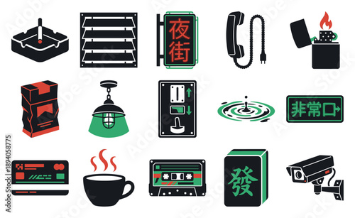 Minimalist Noir Urban Aesthetic Element Kit for Cinematic Cyberpunk and Neo-Tokyo Nightlife Graphic Design