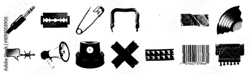 Grungy Halftone Punk Rock Graphic Element Kit for Underground Music and Zine Design