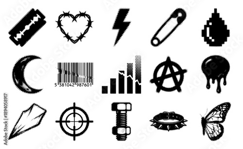 Grungy Halftone Cyberpunk Aesthetic Graphic Element Kit for Alternative Streetwear Design