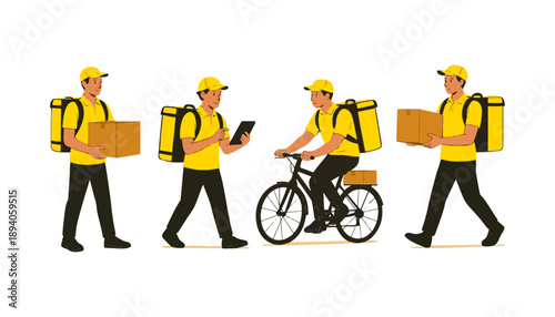 Yellow Delivery Courier Character Set Illustration – Four Poses with Bike, Tablet & Package