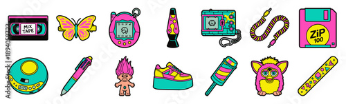 Flat Vector Y2K Pop Culture Nostalgia Element Kit for Retro Millennial Aesthetic Graphic Design