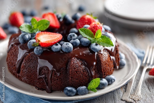 Chocolate Bundt Cake with Fresh Berries and Mint on Plate