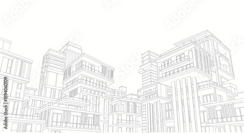 Architectural blueprint of modern buildings in a city skyline.