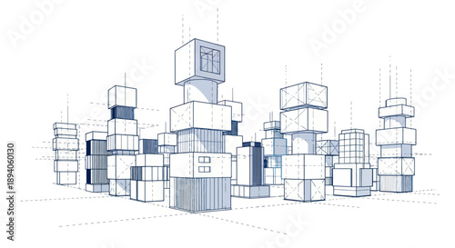 Architectural sketch of a futuristic city skyline with abstract buildings.
