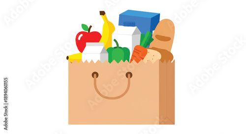 Cheerful Brown Paper Bag Filled with Colorful Food Items in Hand-Drawn Cartoon Style Illustration on Clean Background