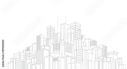 Architectural sketch of a modern city skyline with numerous buildings.