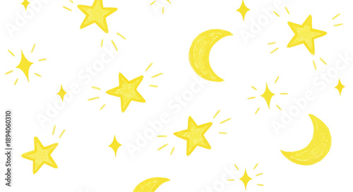 Bright Yellow Stars and Crescent Moons on a White Background.
